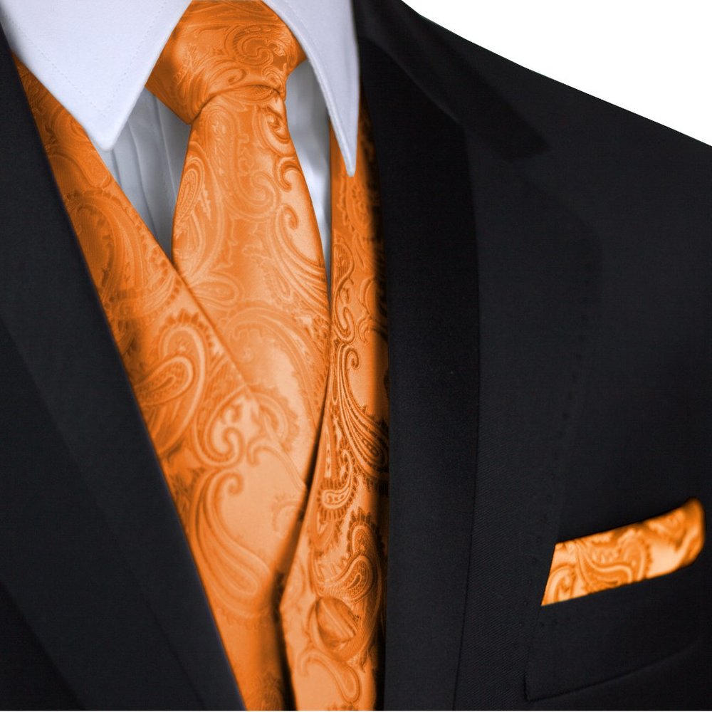 Men's Formal Wedding Prom Homecoming Tuxedo Vest Tie Hankie set - Orange Paisley